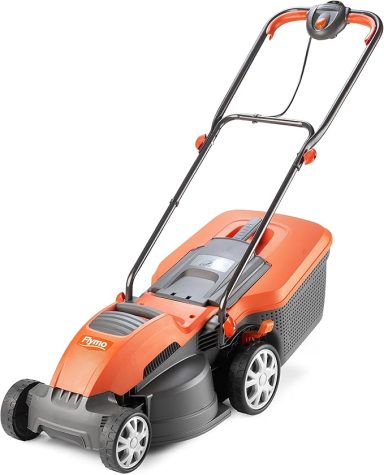 Electric lawn mower with orange and grey design, featuring a grass collection box.