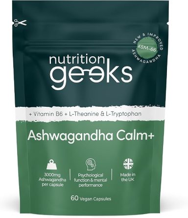 Packet of Nutrition Geeks Ashwagandha Calm+ dietary supplement, 60 capsules.