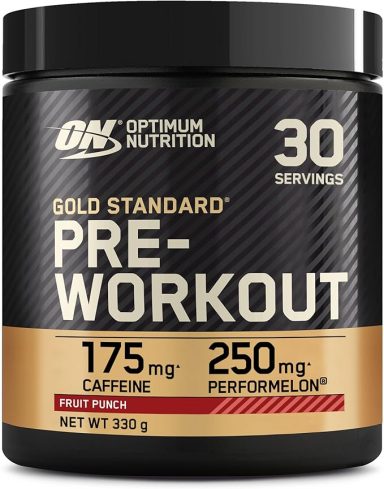 Container of Optimum Nutrition Gold Standard Pre-Workout, 30 servings, labelled with ingredients.