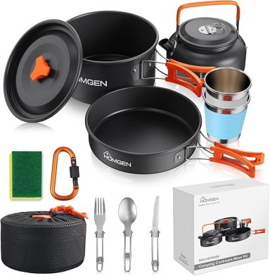 Camping cooking set with pots, kettle, utensils, sponge, and storage bag.