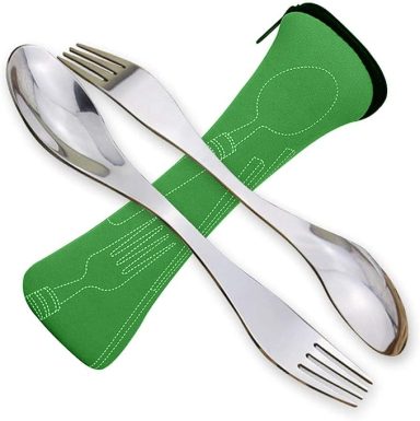 Two stainless steel utensils (fork and spoon) on a green carrying case.