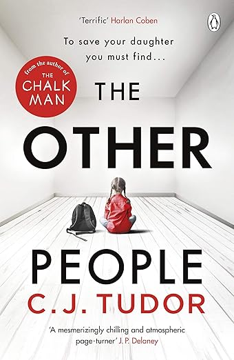 Book cover featuring the title "The Other People" by C.J. Tudor with a red backpack on a white floor.