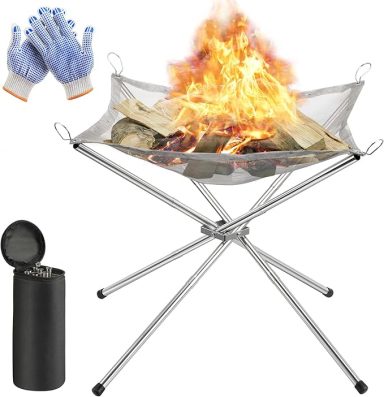 Portable fire pit with burning flames, gloves, and a carry case.