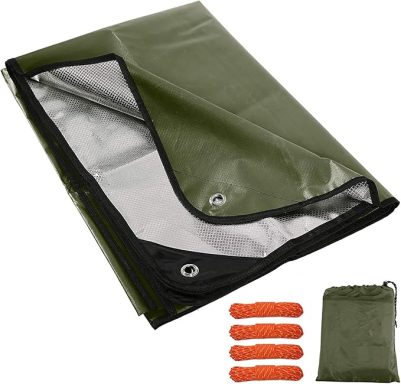 Green waterproof tarp with eyelets and a small pouch, accompanied by four red straps.