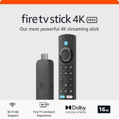 Fire TV Stick 4K Max with remote, support for 4K streaming and Dolby Vision.