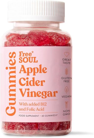 Bottle of Free Soul Apple Cider Vinegar gummies with pink label and white cap.