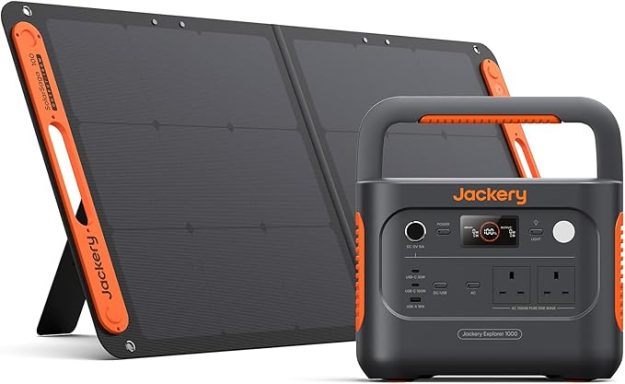 Portable solar panel and power station with output ports and adjustable stand.