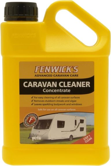 Yellow container of Fenwicks Caravan Cleaner Concentrate with a handle and caravan image.