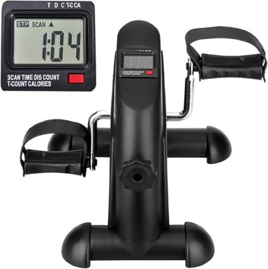 Black mini exercise bike with digital display and adjustable foot straps.